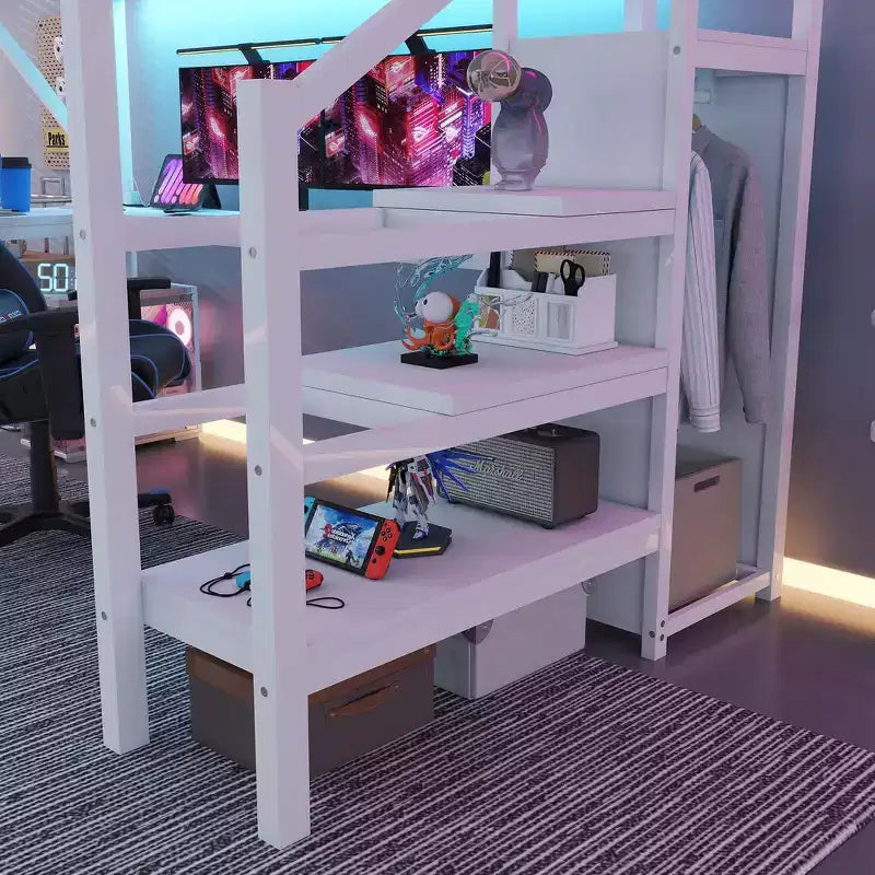 Metal Full Loft Bed with Wardrobe, LED Light, L-Shaped Desk and USB