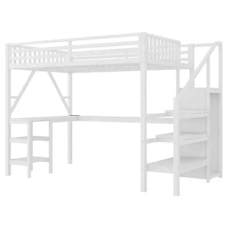 Metal Full Loft Bed with Wardrobe, LED Light, L-Shaped Desk and USB