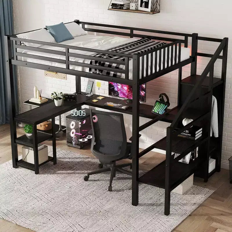 Metal Full Loft Bed with Wardrobe, LED Light, L-Shaped Desk and USB