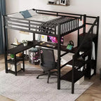 Lit mezzanine en métal avec armoire, lumière LED, bureau en L et USB