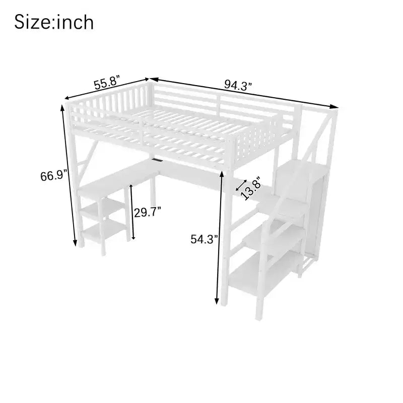 Metal Full Loft Bed with Wardrobe, LED Light, L-Shaped Desk and USB