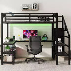 Lit mezzanine en métal avec armoire, lumière LED, bureau en L et USB