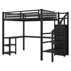 Lit mezzanine en métal avec armoire, lumière LED, bureau en L et USB
