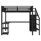 Lit mezzanine en métal avec armoire, lumière LED, bureau en L et USB