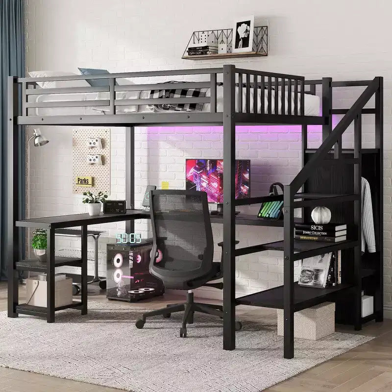 Whisen Metal Full Loft Bed with Wardrobe, LED Light, L Shaped Desk and USB, Premium Materials for Stability