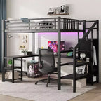 Whisen Metal Full Loft Bed with Wardrobe, LED Light, L Shaped Desk and USB, Premium Materials for Stability