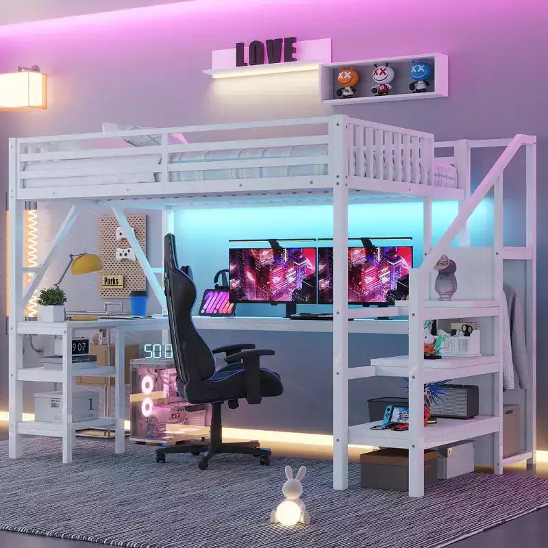 Metal Full Loft Bed with Wardrobe, LED Light, L-Shaped Desk and USB