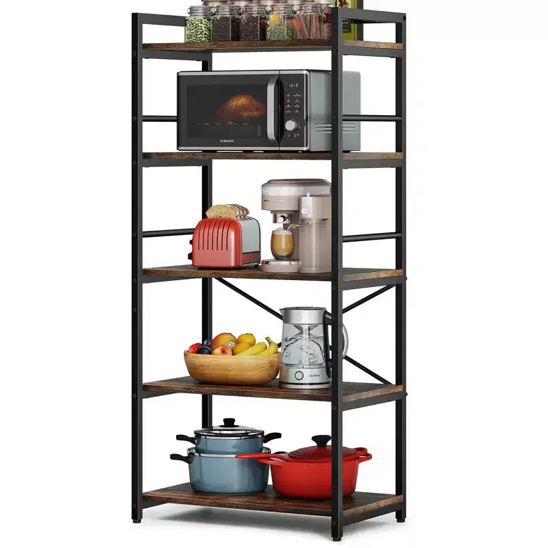 5-Tier Baker Rack, Industrial Microwave Stand Shelf, Coffee Bar for Small Spaces, Free Standing Kitchen Shelf with Storage, Black/Brown/Gray