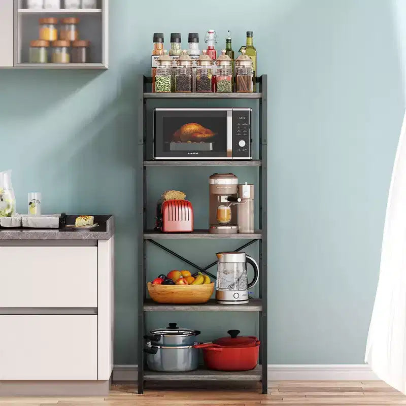5-Tier Baker Rack, Industrial Microwave Stand Shelf, Coffee Bar for Small Spaces, Free Standing Kitchen Shelf with Storage, Black/Brown/Gray