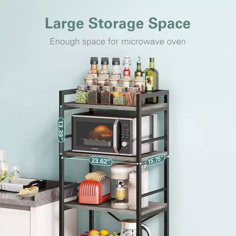 5-Tier Baker Rack, Industrial Microwave Stand Shelf, Coffee Bar for Small Spaces, Free Standing Kitchen Shelf with Storage, Black/Brown/Gray