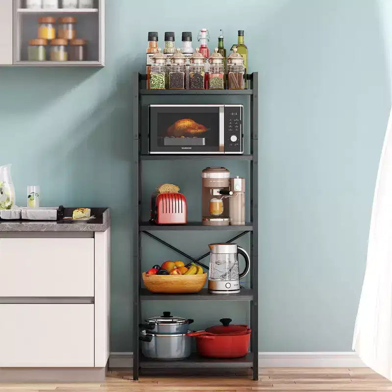 5-Tier Baker Rack, Industrial Microwave Stand Shelf, Coffee Bar for Small Spaces, Free Standing Kitchen Shelf with Storage, Black/Brown/Gray