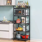 Denkee 5-Tier Baker Rack, Industrial Microwave Stand Shelf, Coffee Bar for Small Spaces, Free Standing Kitchen Shelf with Storage, Black/Brown/Gray