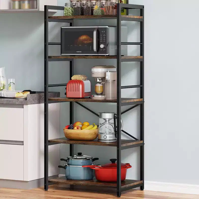 5-Tier Baker Rack, Industrial Microwave Stand Shelf, Coffee Bar for Small Spaces, Free Standing Kitchen Shelf with Storage, Black/Brown/Gray