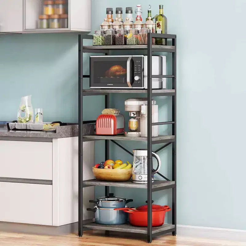 5-Tier Baker Rack, Industrial Microwave Stand Shelf, Coffee Bar for Small Spaces, Free Standing Kitchen Shelf with Storage, Black/Brown/Gray