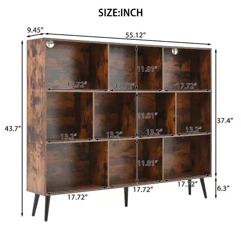 10 Cube Bookshelf, 3 Tier Floor Standing Open Display Shelf with Iron Legs