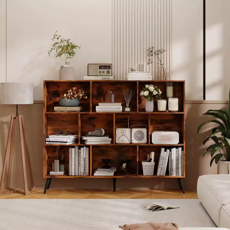 10 Cube Bookshelf, 3 Tier Floor Standing Open Display Shelf with Iron Legs