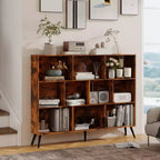Wooden 10 Cube Bookshelf, 3 Tier Floor Standing Display Cabinet with 5 Iron Legs & Anti-Tip System, Open Display Shelf for Home Office