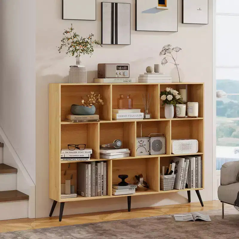 10 Cube Bookshelf, 3 Tier Floor Standing Open Display Shelf with Iron Legs