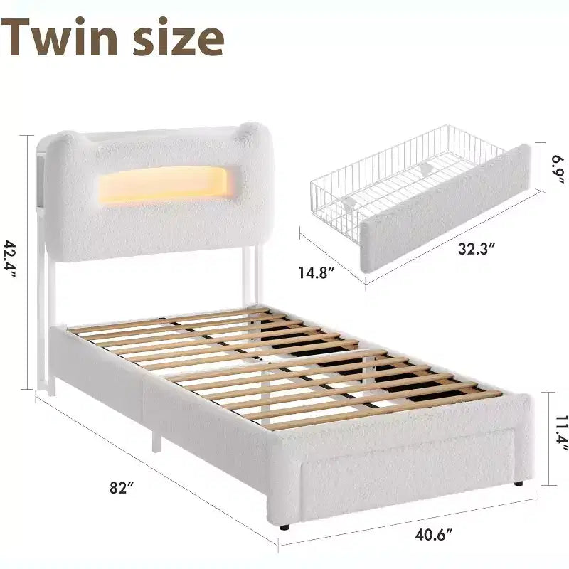 Twin Size Upholstered Platform Bed Frame with Storage Headboard, Charging Station & Drawer