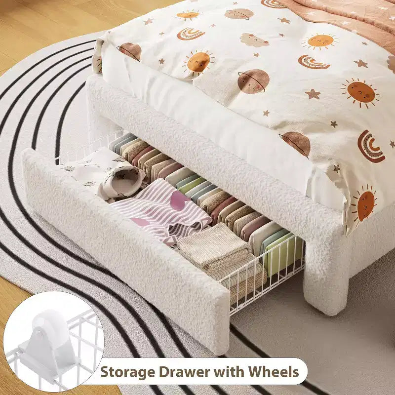 Twin Size Upholstered Platform Bed Frame with Storage Headboard, Charging Station & Drawer