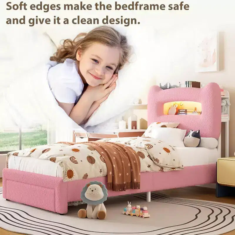 Twin Size Upholstered Platform Bed Frame with Storage Headboard, Charging Station & Drawer