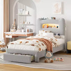 Twin Size Bed Frame - 2-Tier Storage Headboard, Upholstered Platform Bed with Charging Station & Drawer, Beige (For Kids/Boys/Girls)