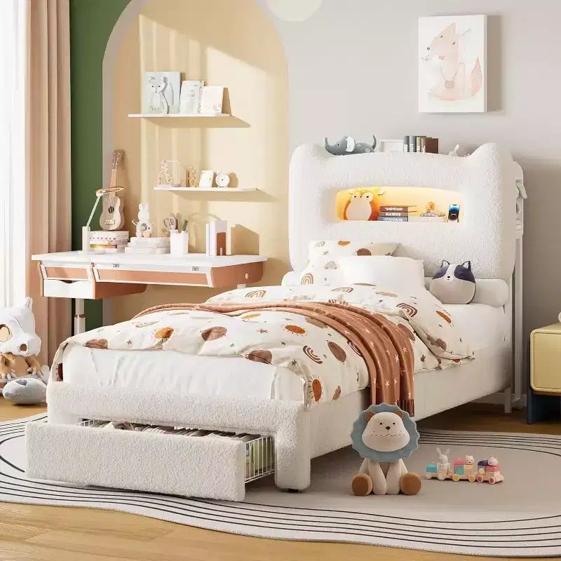 Twin Size Upholstered Platform Bed Frame with Storage Headboard, Charging Station & Drawer