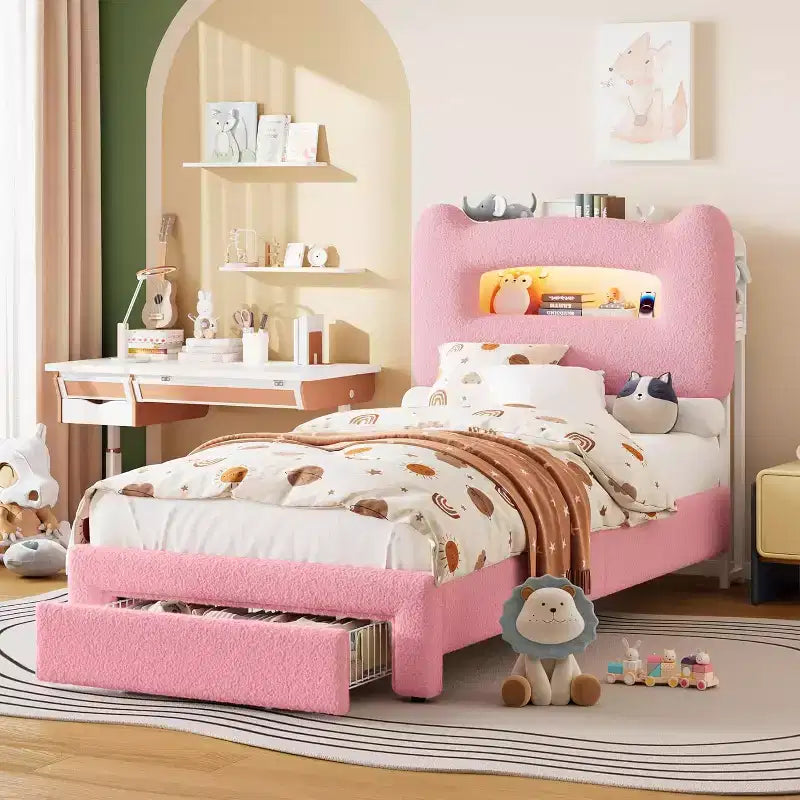 Twin Size Upholstered Platform Bed Frame with Storage Headboard, Charging Station & Drawer