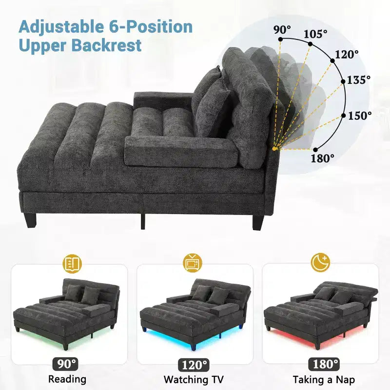 Modern Chenille Adjustable Chaise Lounge Sofa with RGB LED Lighting