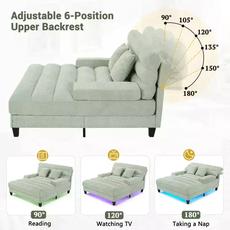 Modern Chenille Adjustable Chaise Lounge Sofa with RGB LED Lighting