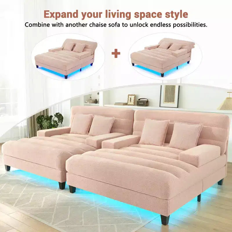 Modern Chenille Adjustable Chaise Lounge Sofa with RGB LED Lighting