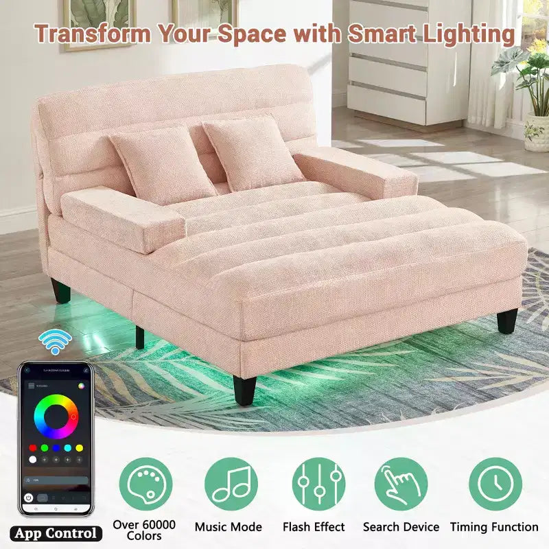 Modern Chenille Adjustable Chaise Lounge Sofa with RGB LED Lighting