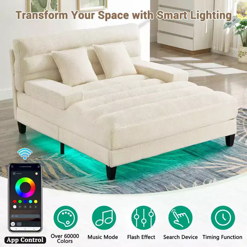 Modern Chenille Adjustable Chaise Lounge Sofa with RGB LED Lighting