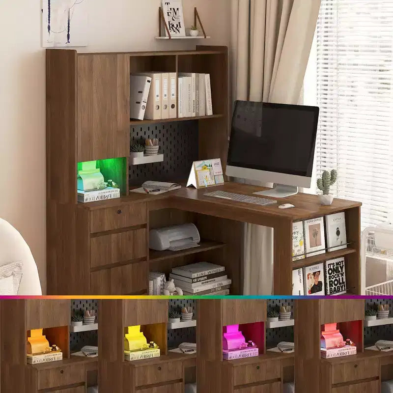46 Inch L-Shaped Corner Desk with Bookshelf and Drawers for Home Office, Bedroom, Reading Room