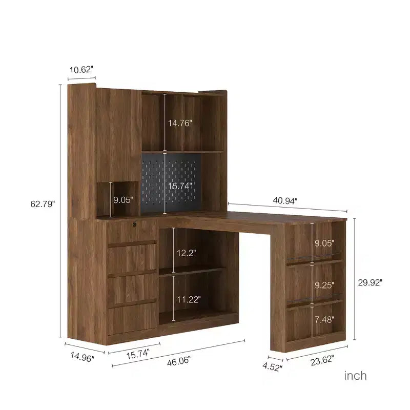 46 Inch L-Shaped Corner Desk with Bookshelf and Drawers for Home Office, Bedroom, Reading Room