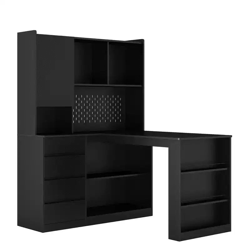 46 Inch L-Shaped Corner Desk with Bookshelf and Drawers for Home Office, Bedroom, Reading Room
