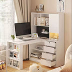 Bureau d'angle en L de 46 pouces avec étagère et tiroirs pour bureau à domicile, chambre à coucher, salle de lecture