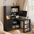 Okak 46IN Space-Saving L Shaped Desk with Bookshelf, Computer Desk with Drawers, Corner Desk for Reading Room, Bedroom, Office