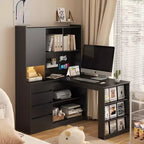 Okak 46IN Space-Saving L Shaped Desk with Bookshelf, Computer Desk with Drawers, Corner Desk for Reading Room, Bedroom, Office