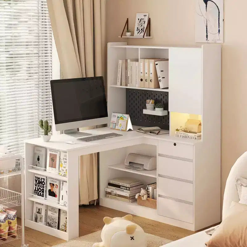 46 Inch L-Shaped Corner Desk with Bookshelf and Drawers for Home Office, Bedroom, Reading Room