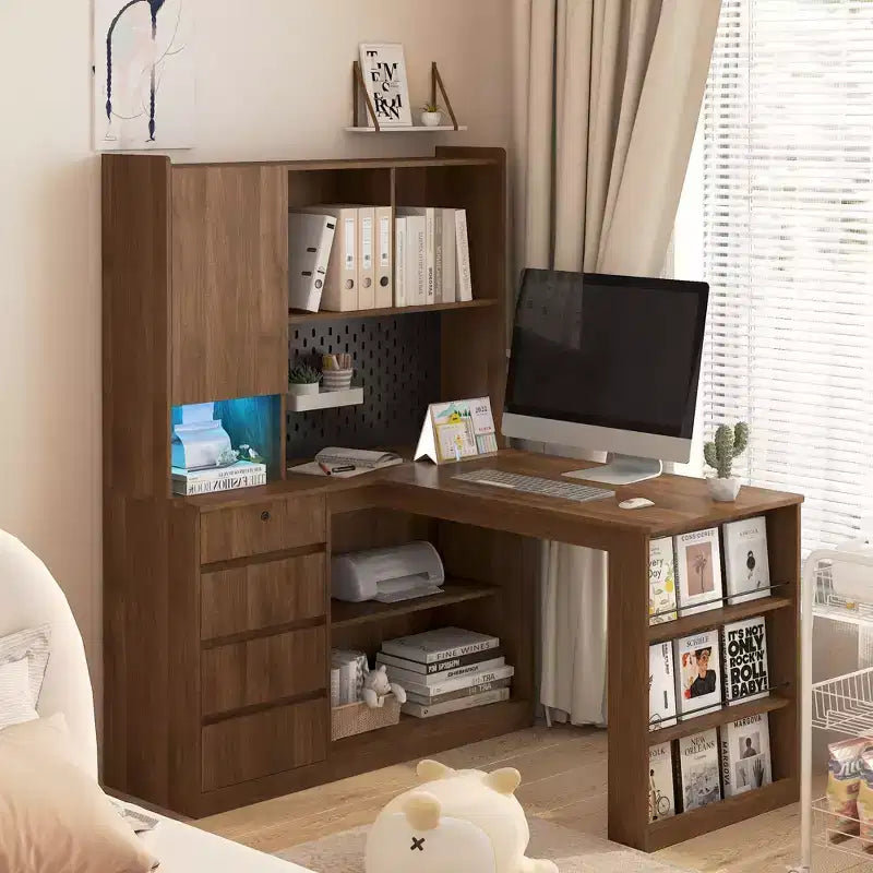 46 Inch L-Shaped Corner Desk with Bookshelf and Drawers for Home Office, Bedroom, Reading Room