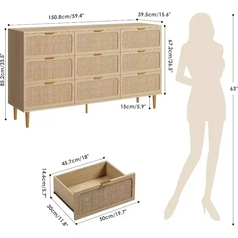 9-Drawer Wooden Dresser with Storage Drawers for Bedroom and Living Room