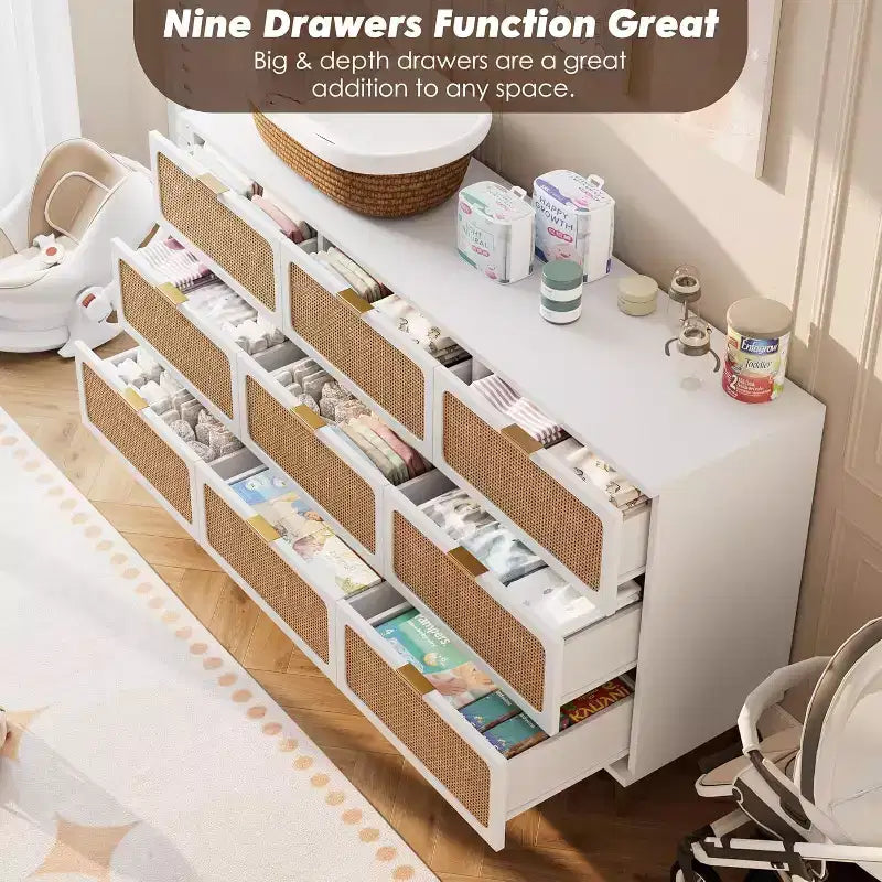 9-Drawer Wooden Dresser with Storage Drawers for Bedroom and Living Room