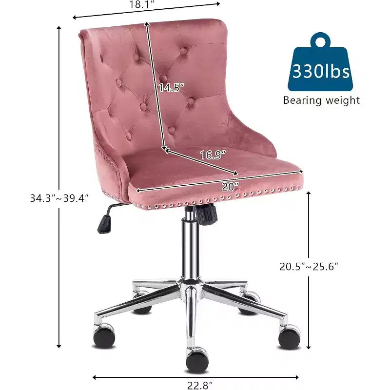 Velvet Office Chair - Modern Upholstered Desk Chair with Adjustable Height, Tilting Mechanism, and Rolling Wheels - Pink