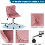 Fauteuil de bureau en velours - Chaise de bureau moderne rembourrée avec hauteur réglable, mécanisme d'inclinaison et roulettes - Rose