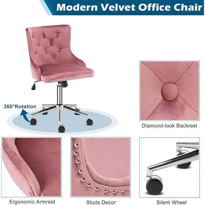Velvet Office Chair - Modern Upholstered Desk Chair with Adjustable Height, Tilting Mechanism, and Rolling Wheels - Pink