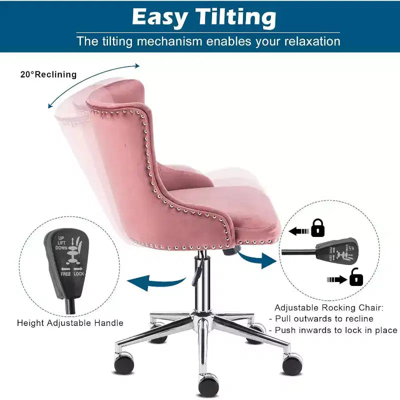 Velvet Office Chair - Modern Upholstered Desk Chair with Adjustable Height, Tilting Mechanism, and Rolling Wheels - Pink