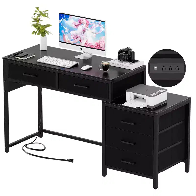 Corner Home Office Desk with File Drawers and Charging Station