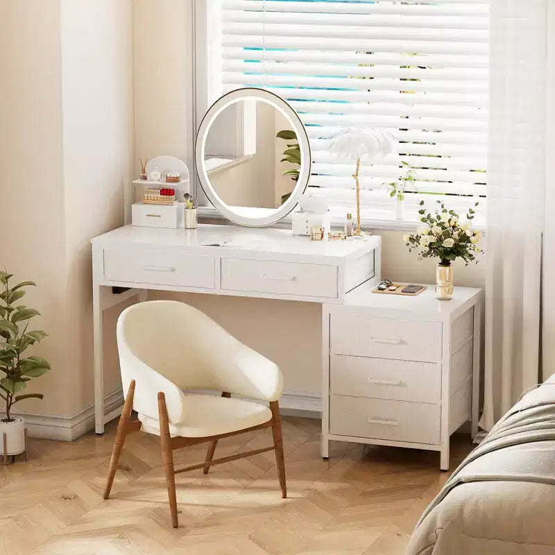 Corner Home Office Desk with File Drawers and Charging Station