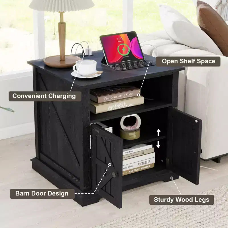 24 Inch Nightstand with Charging Station, Farmhouse End Table with 2 Drawers & Adjustable Shelf, Solid Wood Legs Bedside Table